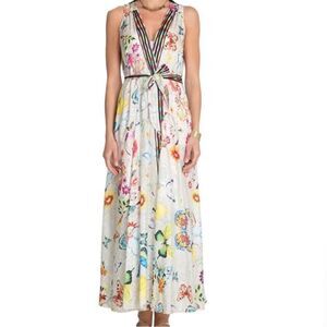 Johnny Was Edith White Pattern Silk Maxi Dress Floral Slip Belted New Size XXL